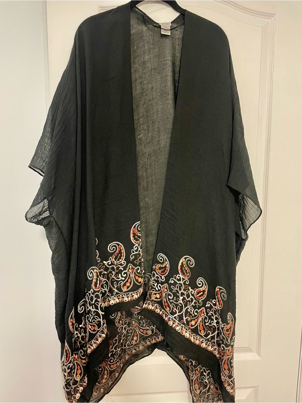 O/S Black Embroidered Kaftan with Orange Paisley Trim by Kismet